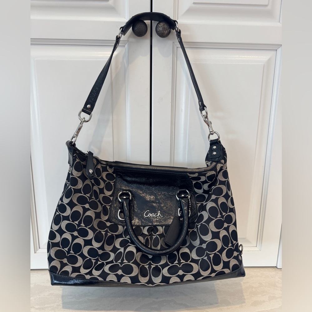 Coach Signature C Satchel Handbag Black Gray Leather Trim Shoulder Strap - Picture 3 of 6